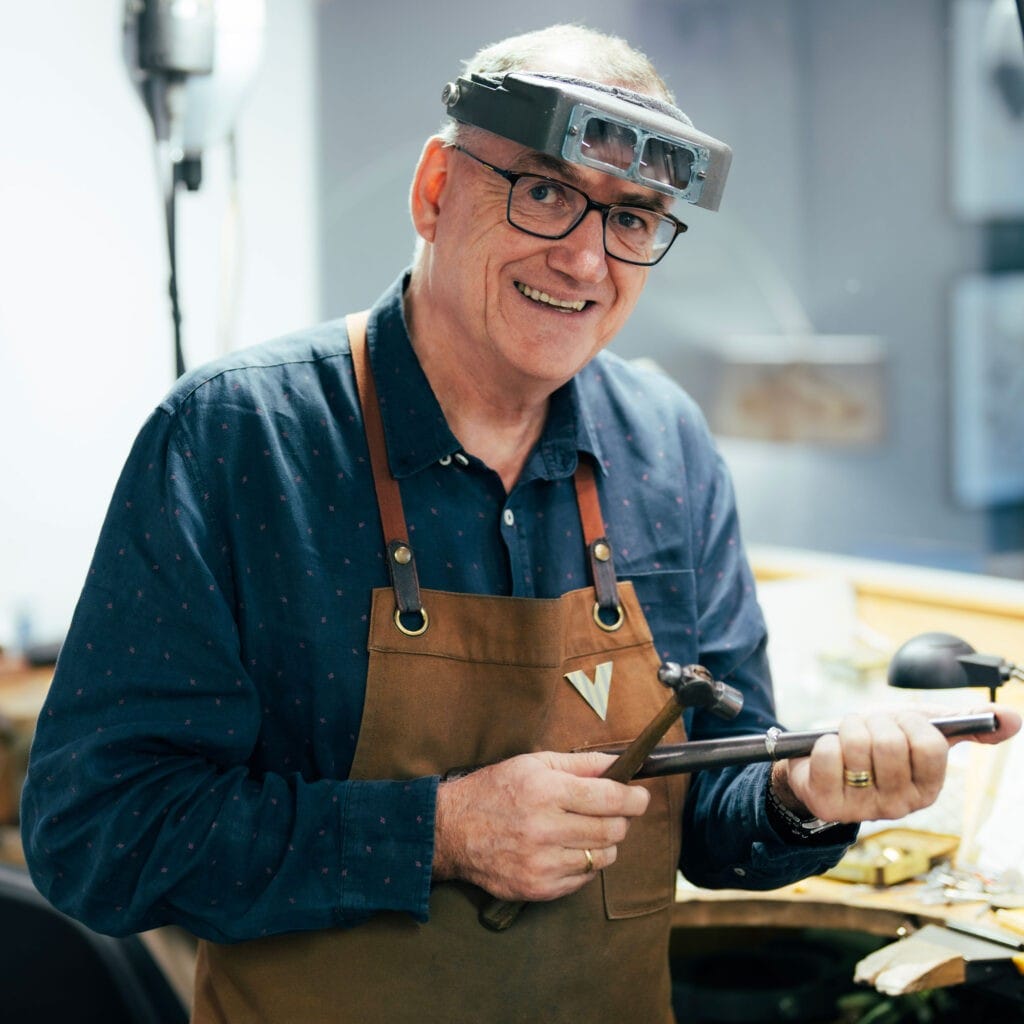 Master Goldsmith Mark Peddie crafting bespoke jewellery in his Mairangi Bay workshop, North Shore Auckland.