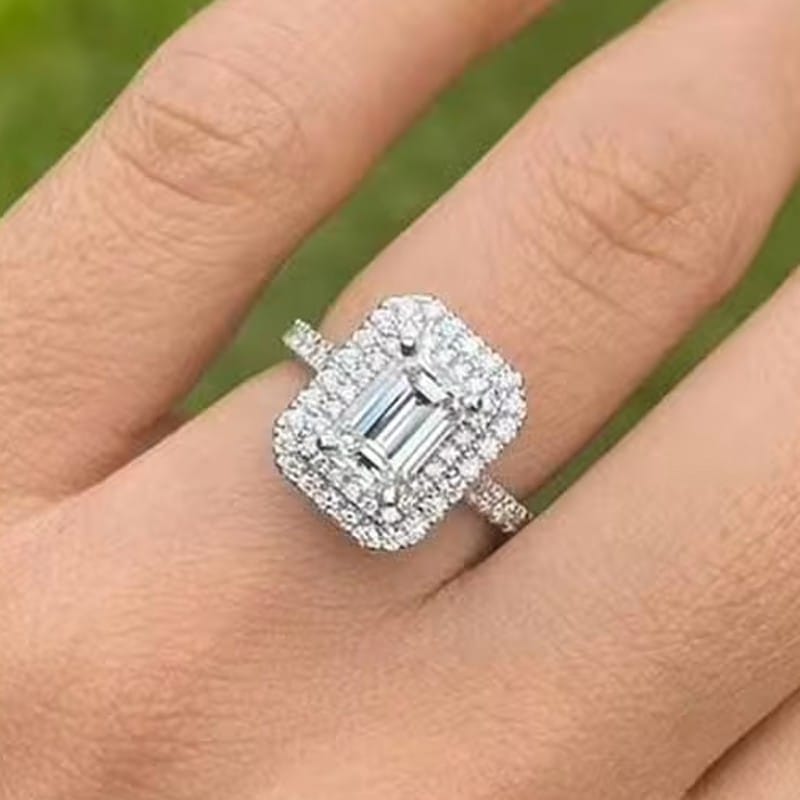 Natural Emerald Cut Diamond With A Double Halo Engagement Ring